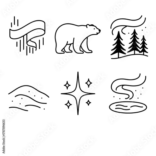 Northern Lights Icons. Northern Lights outline icon set: aurora ribbon, polar bear, pine forest, snowy hill, shimmering star, frozen lake.