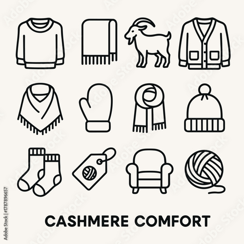 Cashmere Clothing Icons. Cashmere Comfort outline icon set: folded sweater, blanket, goat silhouette, cardigan, shawl, mitten, scarf, beanie, sock pair, fabric tag, cozy chair,