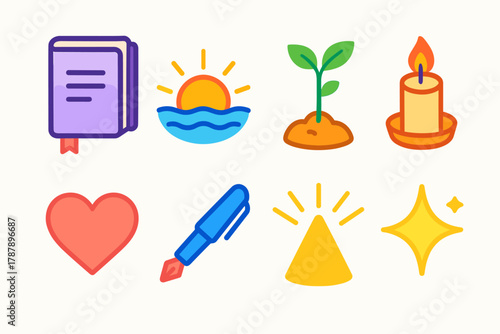 Personal Growth Icons. Personal Evolution modern flat icon set: journal page, sunrise, tree sapling, candle, heart, pen, light ray, sparkle.