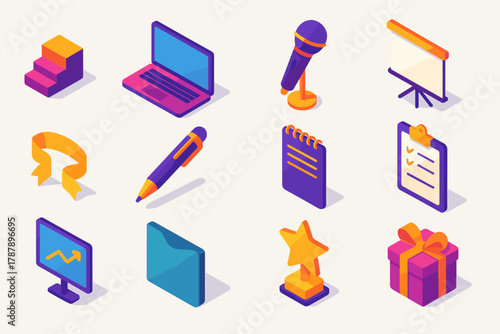 Isometric Presentation Icons. Premium Presentation modern flat icon set: stage podium, laptop, microphone, projection screen, gold ribbon, pen, notepad, clipboard, chart display,
