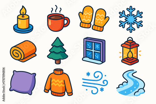 Winter Warmth Icons. Winter Peaceful Chill modern flat icon set: candlelight, steaming cup, wool mittens, snowflake, cozy blanket, pine tree, frosty window, lantern glow, pillow,