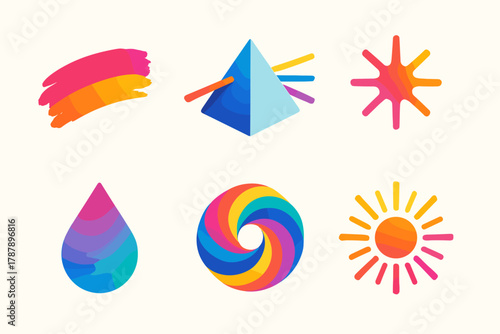 Vibrant Icon Set. Creative Explosion modern flat icon set: brushstroke, prism, light flare, colorful drop, pattern swirl, radiant burst.