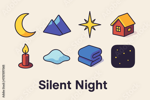 Silent Night Icons. Silent Night modern flat icon set: moon, mountain silhouette, shining star, quiet cabin, candle flame, snow drift, cozy blanket, dark sky.