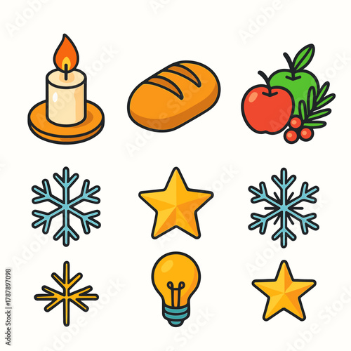 Colorful Solstice Icons. Solstice Table modern flat icon set: candlelight, loaf of bread, apples, pine leaves, berries, snowflake, star, light.