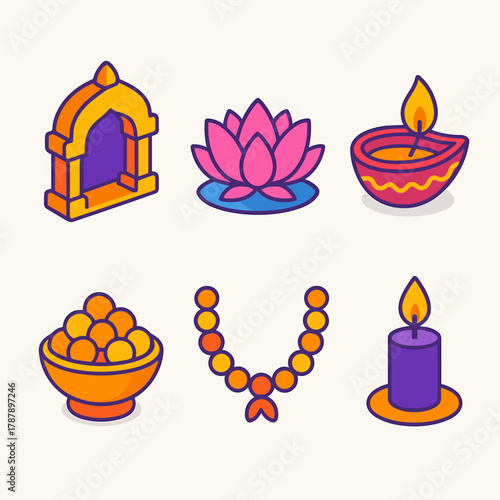 Isometric Diwali Icons. Diwali Holy Worship modern flat icon set: temple arch, lotus, oil lamp, offering bowl, garland chain, candlelight.