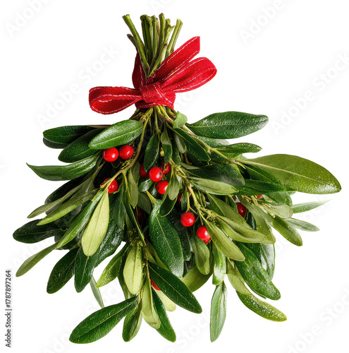 mistletoe bouquet with red ribbon isolated on transparent background