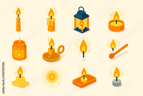 Candle Icon Set. Candle Glow modern flat icon set: taper candle, wax drip, glowing lantern, tealight cup, scented jar, brass holder, flame spark, matchstick, melted wax, soft glow,