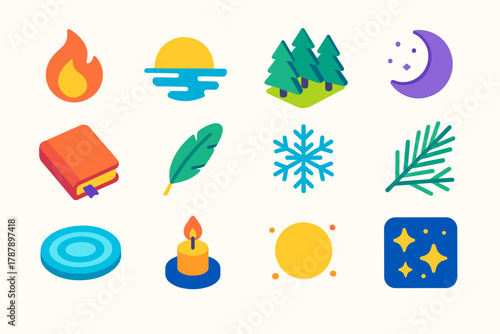 Solstice Peace Icons. Solstice Inner Peace modern flat icon set: flame, horizon, forest, moonlight, journal, feather, snowflake, pine needles, reflection pool, candlelight, soft