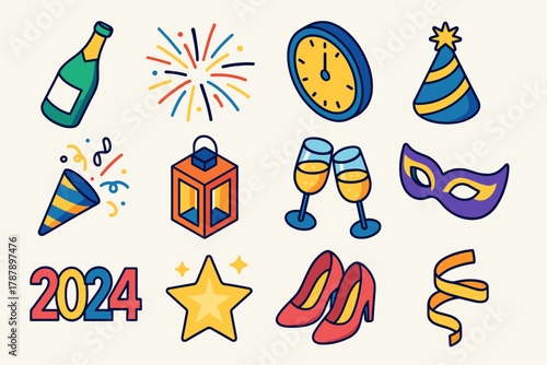 New Year Icons. New Year’s Eve Hopeful Beginnings modern flat icon set: champagne bottle, fireworks burst, clock striking midnight, party hat, confetti popper, glowing lantern,