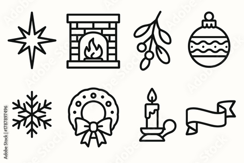 Festive Christmas Icons. Christmas Traditional Style outline icon set: nativity star, fireplace, mistletoe, red bauble, candle holder, snowflake pattern, wreath bow, festive ribbon