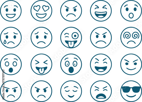 Collection of expressive emoji icons, showcasing a range of emotions from joy and love to anger and confusion in a simple, clean design