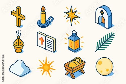 Orthodox Nativity Icons. Orthodox Nativity Illumination modern flat icon set: wooden cross, candle holder, radiant star, church gate, incense burner, bible page, glowing lantern,