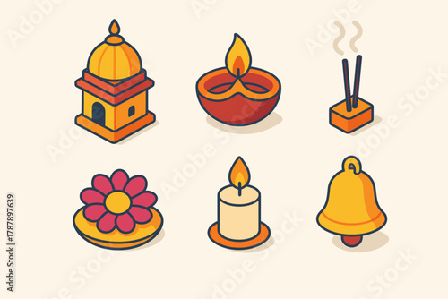 Diwali Icon Set. Diwali Temple Visit modern flat icon set: temple dome, diya lamp, incense sticks, flower offering, candle, bell.
