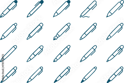 Collection of pen icon designs, showcasing various styles and types of writing instruments in a simple and elegant line art