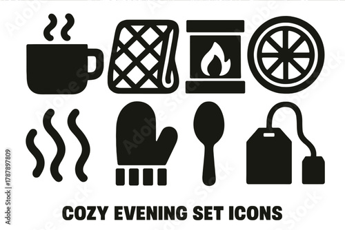 Cozy Icon Set. Cozy Evening bold vector icon set: cup, wool blanket, fireplace, lemon slice, steam, mittens, spoon, tea bag.