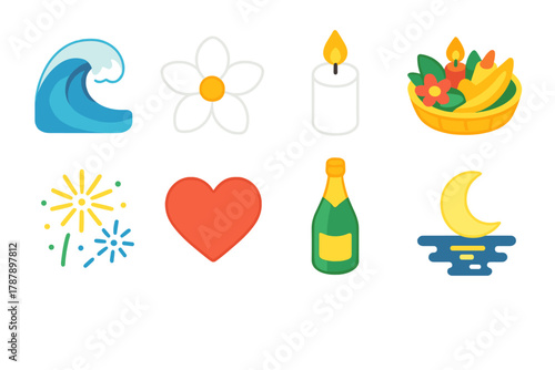 Réveillon Icon Collection. Brazilian Réveillon modern flat icon set: ocean wave, white flower, candle, beach offering, fireworks, heart symbol, champagne bottle, moon reflection.