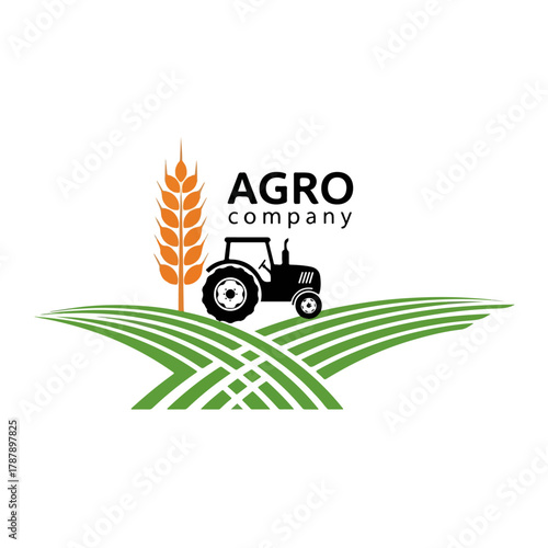 Agro company emblem, agricultural business logo design, farming industry symbol, wheat ear, tractor, green fields graphic illustration