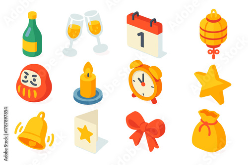 New Year Icon Set. New Year Traditions modern flat icon set: champagne bottle, toast glasses, calendar flip, lantern, lucky charm, candle, clock hand, golden star, bell ring,
