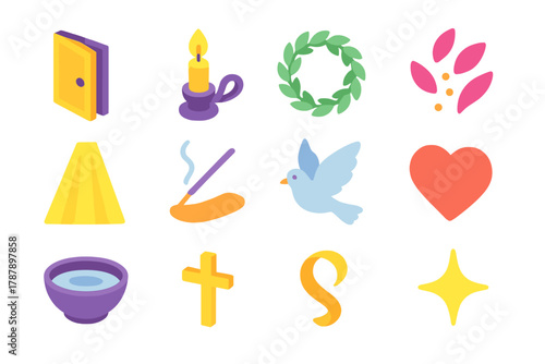 Spiritual Home Icons. Spiritual Home Symbols modern flat icon set: open door, candle holder, wreath, flower petals, light beam, incense stick, dove, heart, water bowl, small cross,
