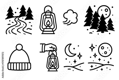 Icy Lantern Path. Frozen Night Walk outline icon set: icy path, lantern flame, breath mist, pine forest, glowing snow, warm hat, hand holding lantern, moonlight.