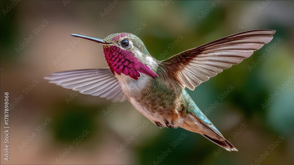 Fototapeta premium Male calliope hummingbird flying in New Mexico USA