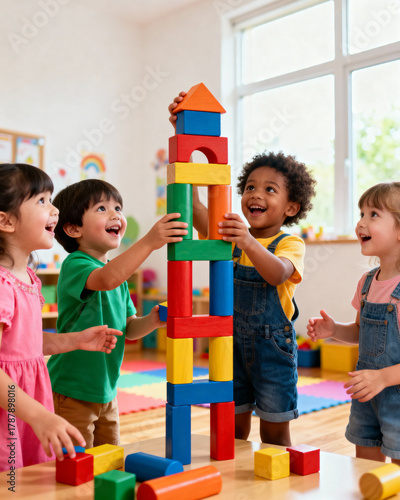 Happy Preschool Children Building a Tall Tower with Colorful Blocks in the Classroom