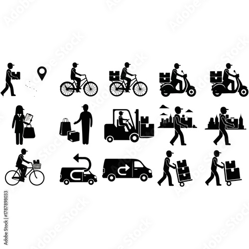 Delivery, logistics, and courier services icons, e-commerce shipping transportation flat vector set