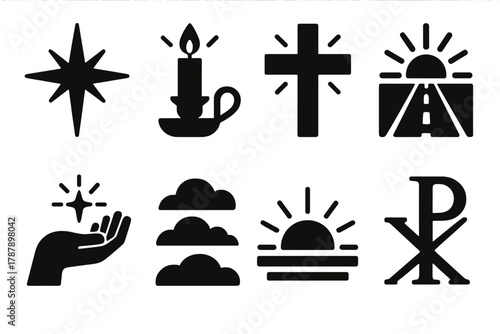 Divine Direction Icons. Divine Direction bold vector icon set: shining star, candle holder, glowing cross, radiant road, hand with light, peaceful sky, sunrise glow, faith symbol.