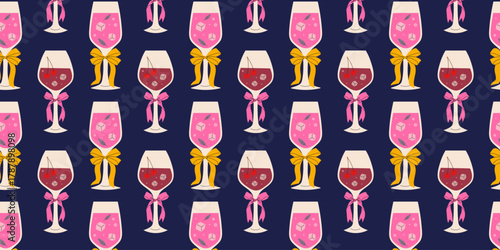 Colorful patterned design of drinks with bows on glasses in a playful setting
