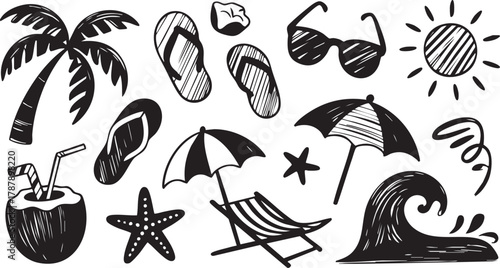 Hand-Drawn Summer Doodle Vector Set. Beach Holiday and Tropical Elements Collection