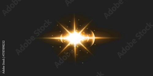 Bright star glare  gold star. Light flare effect.Bright gold laser light beams create a glowing starburst effect against a dark background, Glow light effect, Starburst with sparkles.
