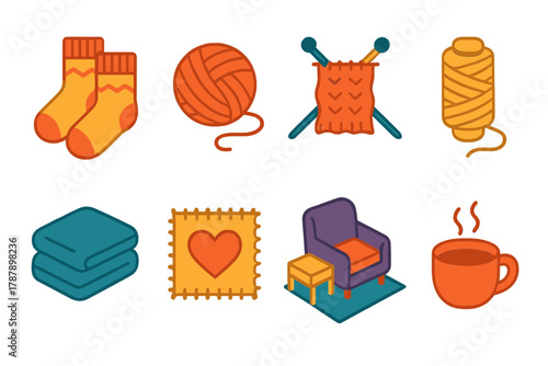 Cozy Knitting Icons. Knitted Warmth modern flat icon set: patterned socks, yarn ball, knitting needles, wool thread, folded pair, heart pattern, cozy corner, steaming cup.