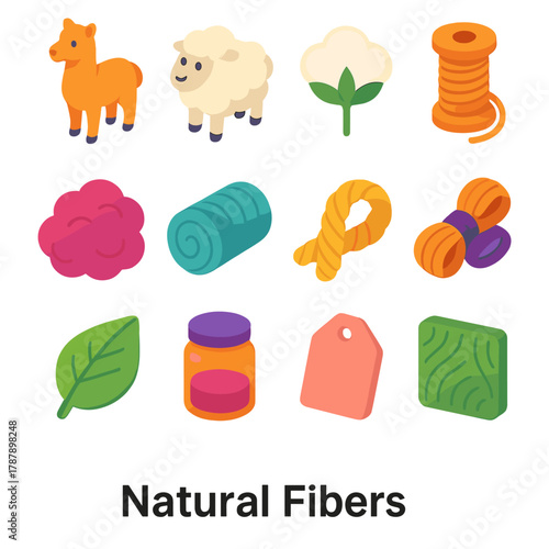 Natural Fiber Icons. Natural Fibers modern flat icon set: alpaca wool, sheep icon, cotton tuft, linen thread, wool fluff, fiber roll, rope twist, thread bundle, leaf label, dye jar