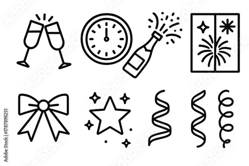 New Year's Celebration Icons. New Year’s Eve Toast outline icon set: champagne flutes clinking, clock striking midnight, confetti burst, sparkling bottle, fireworks outside, golden