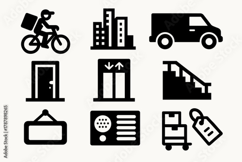 Urban Delivery Icons. Urban Deliveries bold vector icon set: bike courier, city skyline, van, apartment door, elevator, stairwell, lobby sign, intercom, parcel stack, name label,