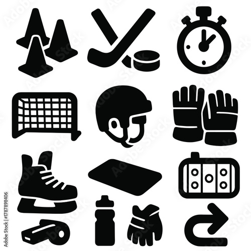 Brutalist Hockey Icons. Training on Ice bold vector icon set: cones, stickhandling puck, coach whistle, stopwatch, practice net, training mat, helmet, gloves, skates, water bottle,