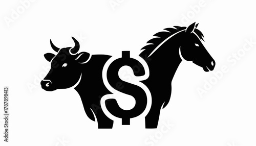 Symbolic bull and horse silhouette merge with dollar sign, representing market finance concepts