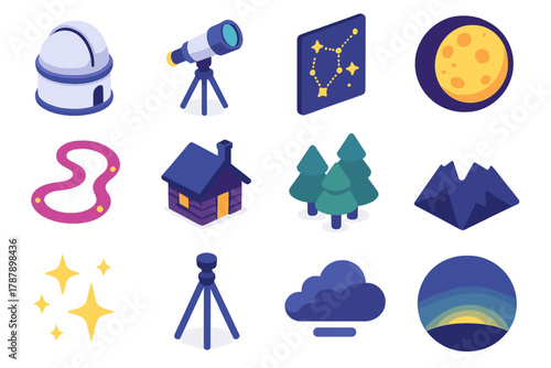 Night Sky Icons. Night Sky Watch modern flat icon set: observatory, telescope, star map, moonlight, trail path, cabin, forest, snow-covered peak, glowing stars, tripod, cloud drift