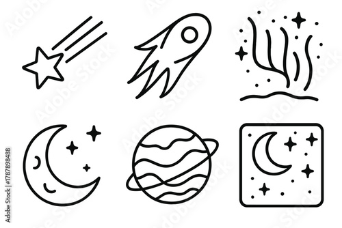 Celestial Icons Compilation. Celestial Phenomena outline icon set: shooting star, comet, aurora, moon, planet, night sky.