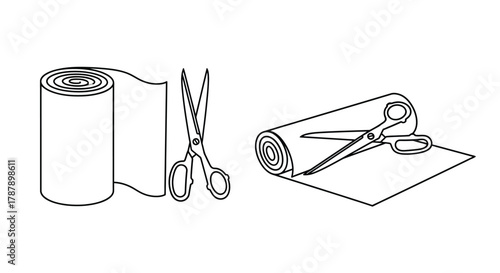 Line art illustration of ribbon roll scissors and a cut ribbon piece