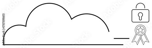 Cloud outline with padlock and certificate icon symbolizes secure cloud storage, data protection, and trust. Ideal for cybersecurity, technology, encryption, privacy, trust, certification simple