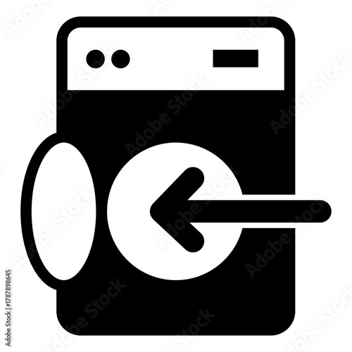 Washing machine with opened lid and arrow solid icon, washing concept. Vector graphics. Machine for washing, loading sign on white background, style icon mobile or web design.