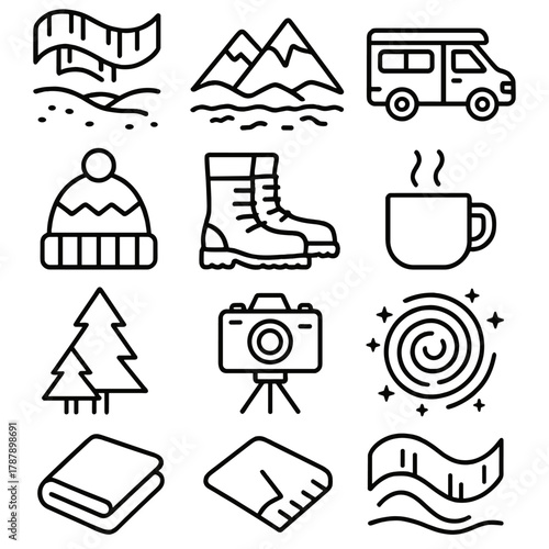 Polar Light Icons. Polar Light Adventure outline icon set: northern lights, frozen tundra, mountain ridge, camper van, wool hat, snow boots, steaming mug, camera setup, pine trees,