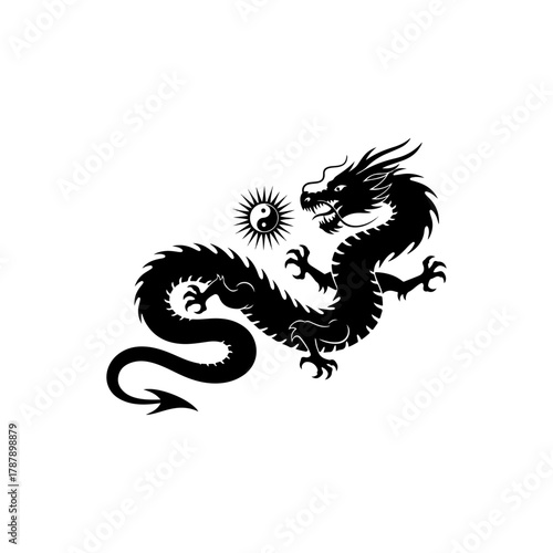 Dynamic black Chinese dragon illustration with mystical yin yang symbol in blazing sun icon