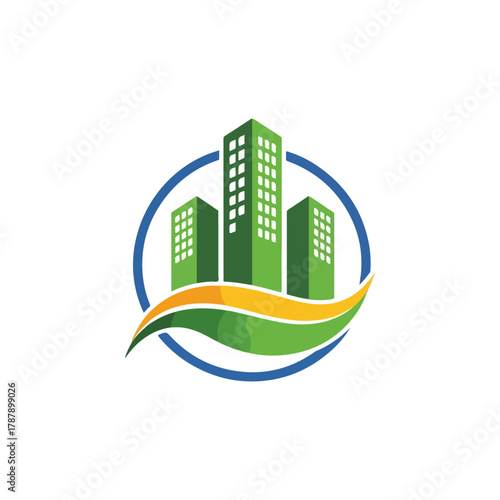 Green city buildings logo, sustainable urban real estate development, ecological modern architecture symbol