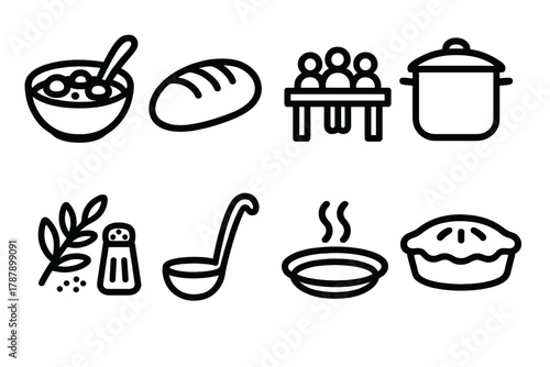 Black Line Kitchen Icons. Homemade Classics outline icon set: stew bowl, loaf of bread, family table, kitchen pot, herbs and spices, soup ladle, warm plate, pie dish.