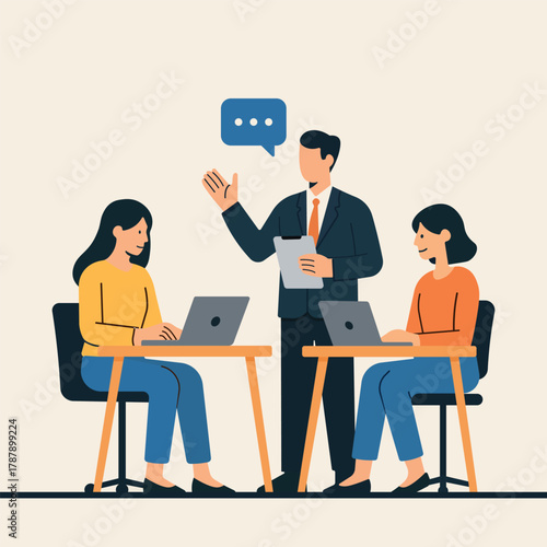 Features modern professionals engaged in various workplace activities, symbolizing teamwork, communication, and productivity in a corporate environment.