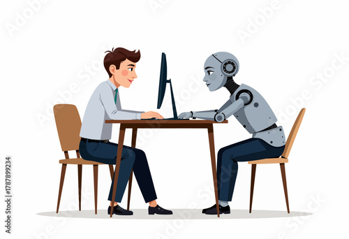 Illustration of a human and a robot sitting across each other at a table, interacting and collaborating in a modern digital communication setting