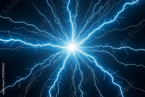 Electric blue lightning bolts radiate from central flash against deep black, creating dynamic, energetic cosmic burst.