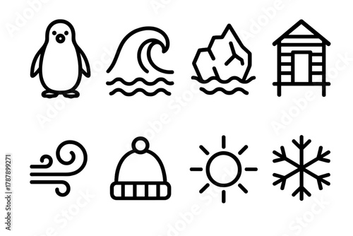 Penguin Icons and Wave. Southern Hemisphere Chill outline icon set: penguin, ocean wave, iceberg, beach hut, wind swirl, hat, sun, snowflake.